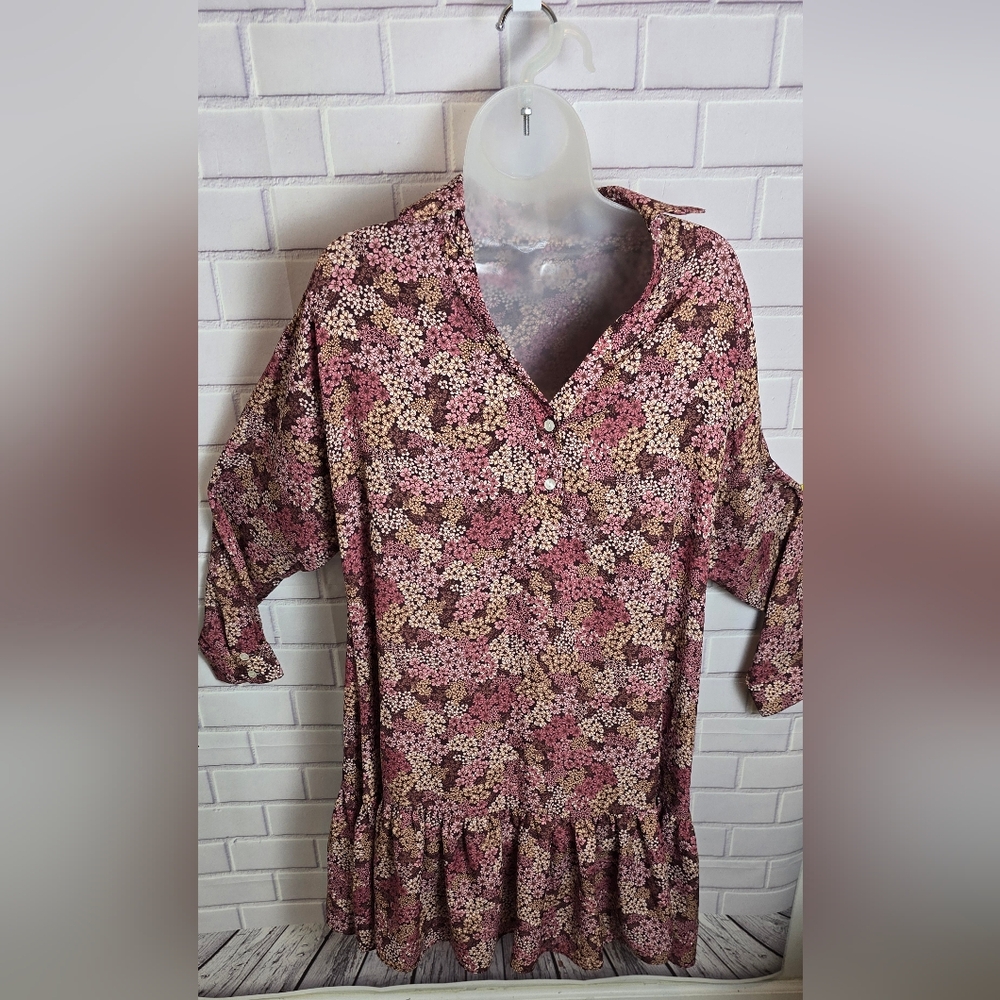 Pink, Brown and Cream Mini Dress with Mandarin Collar and Relaxed Fit.      NWOT